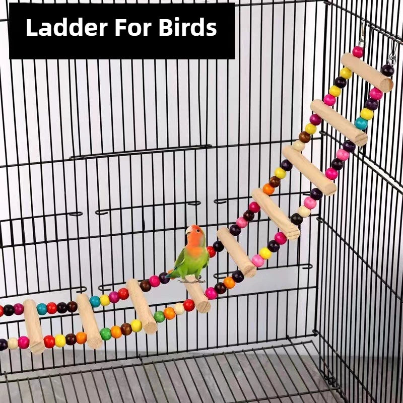 標題： 天然木製鸚鵡梯子玩具 - 彩球攀爬吊盪