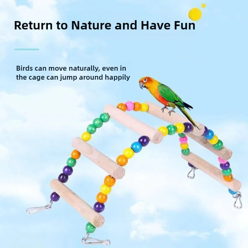 標題： 天然木製鸚鵡梯子玩具 - 彩球攀爬吊盪