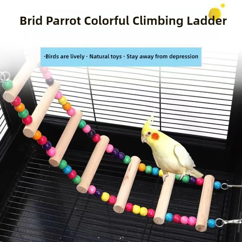 標題： 天然木製鸚鵡梯子玩具 - 彩球攀爬吊盪