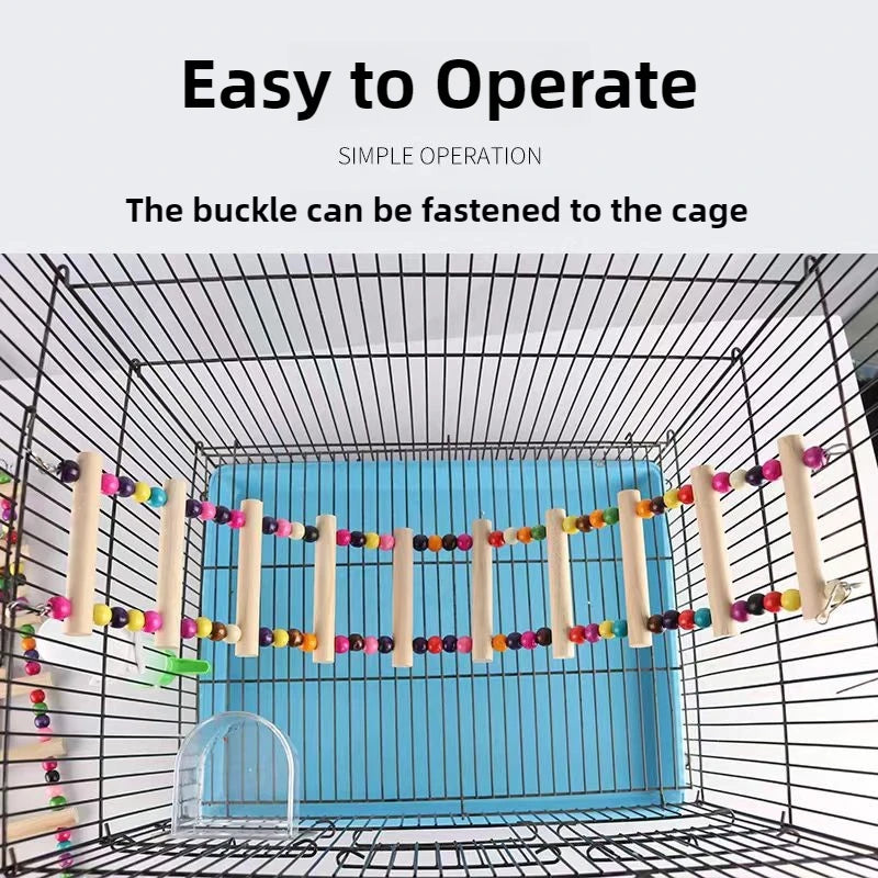 標題： 天然木製鸚鵡梯子玩具 - 彩球攀爬吊盪