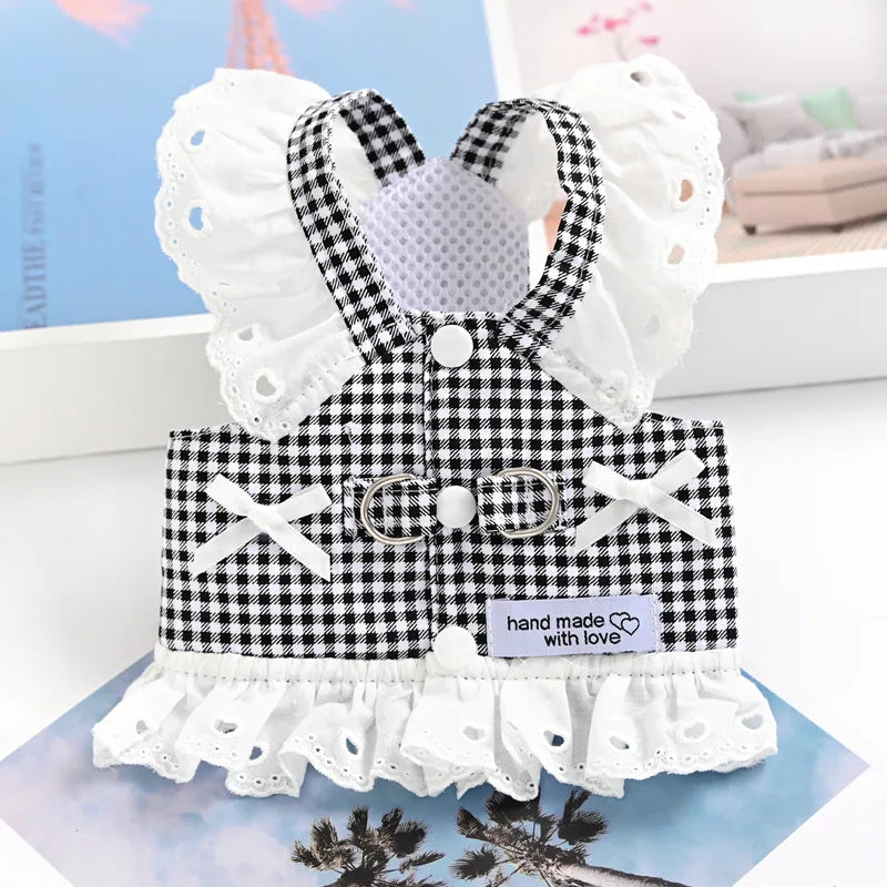 夏季蕾絲貓狗服飾 - 黑紅格子背心小動物戶外散步裝