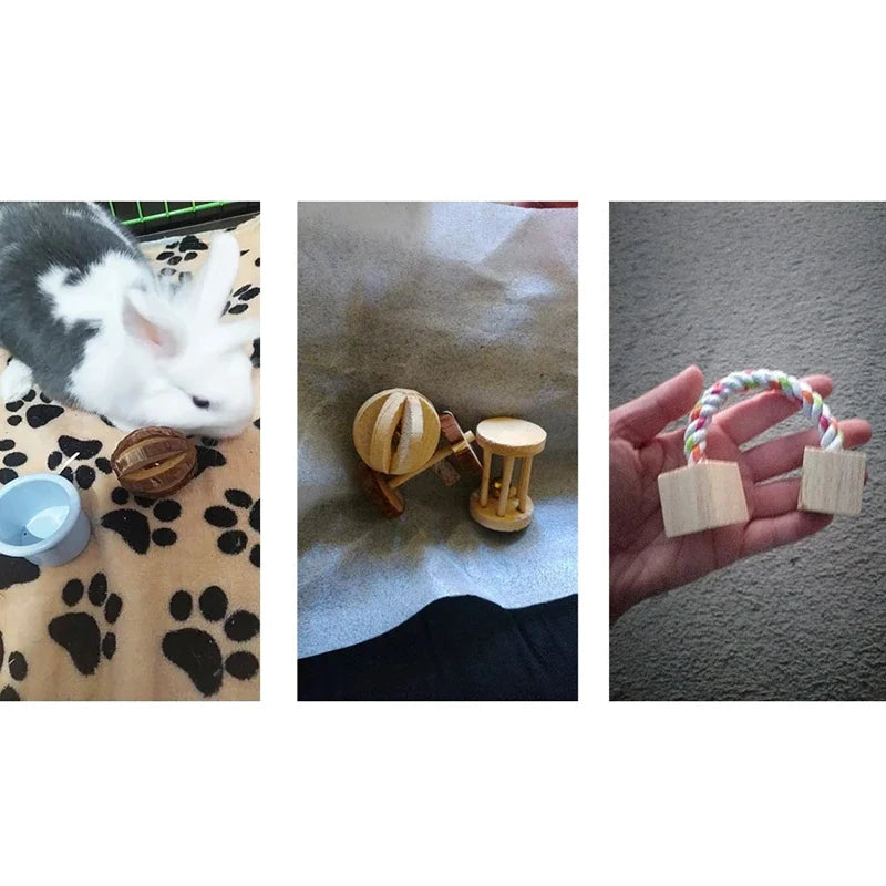 天然木製小動物啃咬玩具 - 兔兔倉鼠玩樂啞鈴