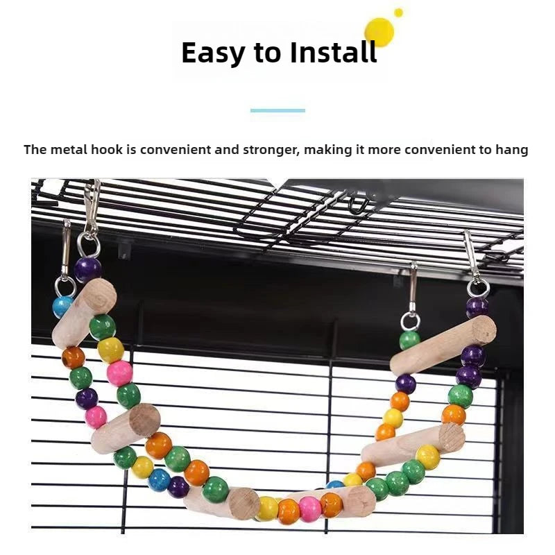 標題： 天然木製鸚鵡梯子玩具 - 彩球攀爬吊盪