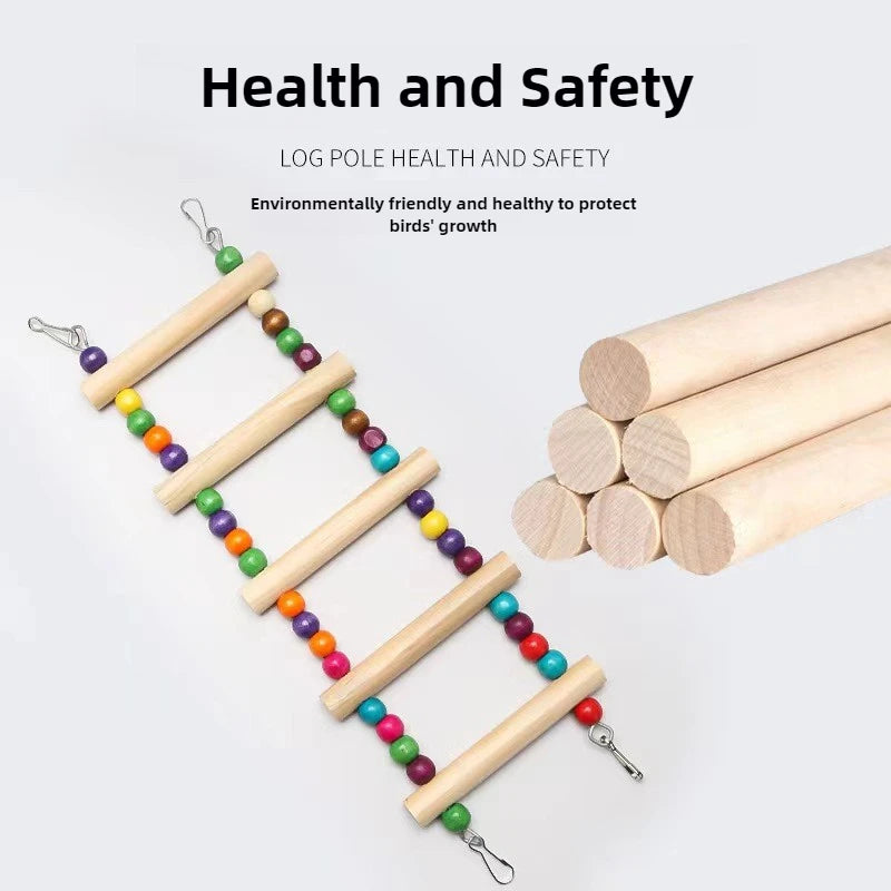 標題： 天然木製鸚鵡梯子玩具 - 彩球攀爬吊盪